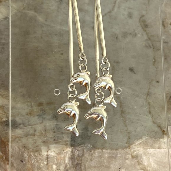 Sterling Silver 925 2.5" Long Bar Dainty Jumping Dolphin Dangle Earrings - Picture 15 of 16